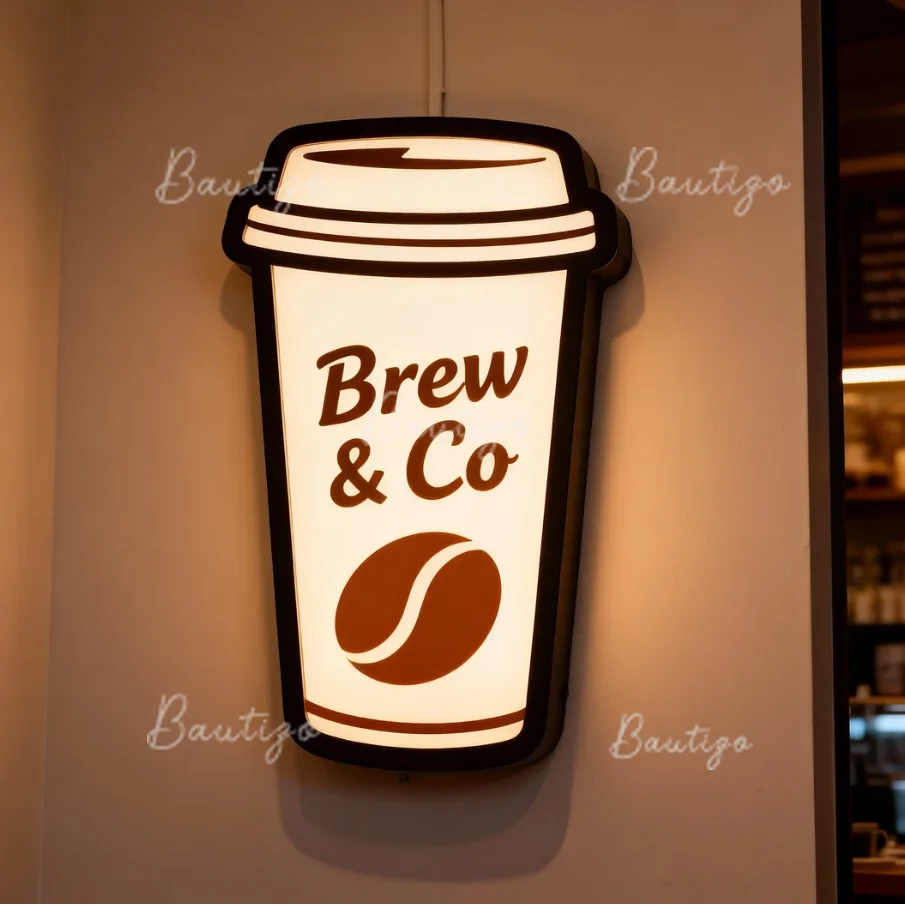 Custom Business Logo Metal 3D Sign LED Backlit Lightbox Outdoor Coffee Signboard Side Advertising Wall Signage Door Entrance