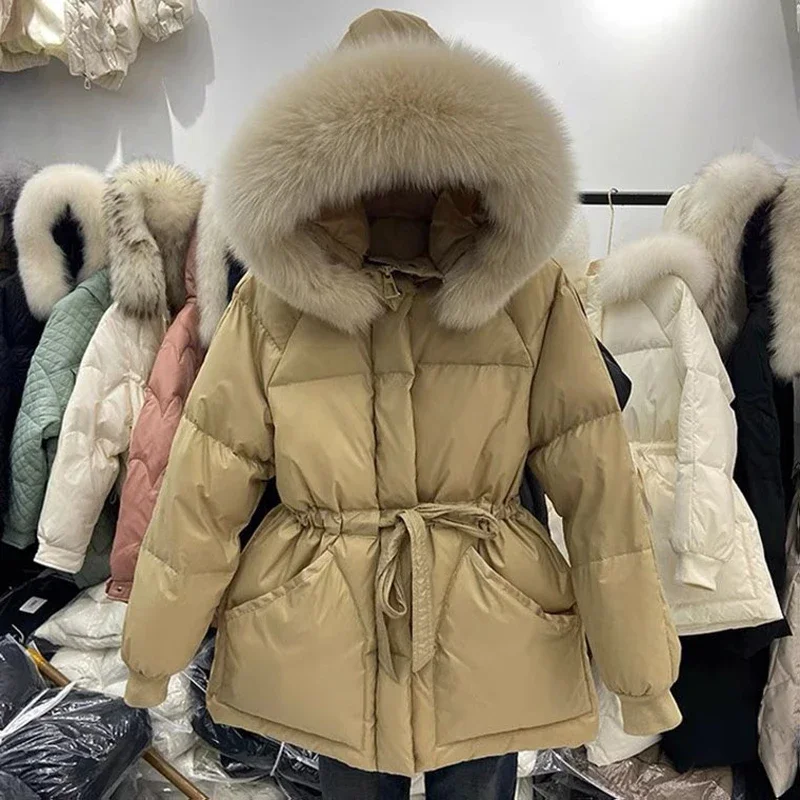 2025 Winter Women\'s Down Jackets Ultra Light Warm Coat Female Jacket Woman With a Belt Hooded Parka Big Fur Collar Overcoat