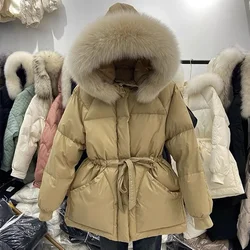 2025 inverno feminino para baixo jaquetas ultra leve casaco quente jaqueta feminina com um cinto com capuz parka grande gola de pele casaco