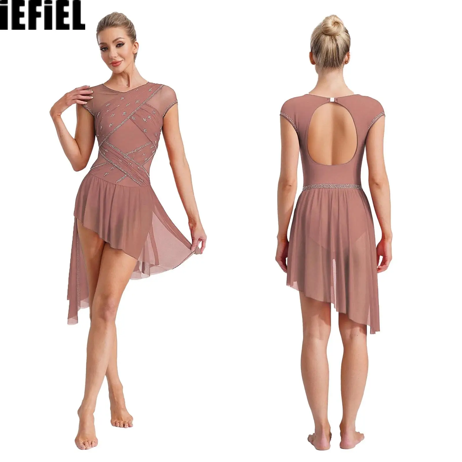 ชุดบอดี้สูทเต้นรำลีริคอลสำหรับผู้หญิง ผ้าตาข่ายรัดรูปประดับคริสตัล ชายกระโปรงไม่สม่ำเสมอ ชุดบอดี้สูทสำหรับเล่นฟิกเกอร์สเก็ต