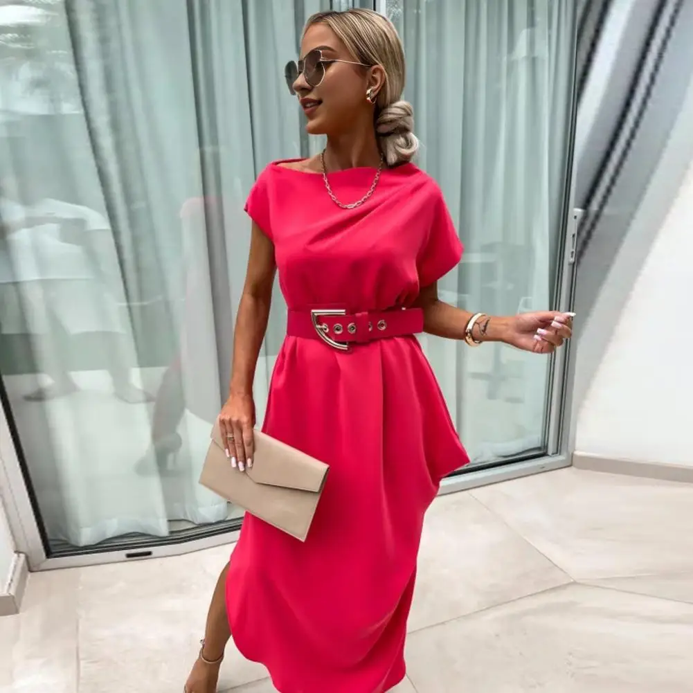 Women Long Dress Elegant One Shoulder Maxi Dress for Women Irregular Sleeve Solid Color Prom Party Dress with Tight Waist Slant