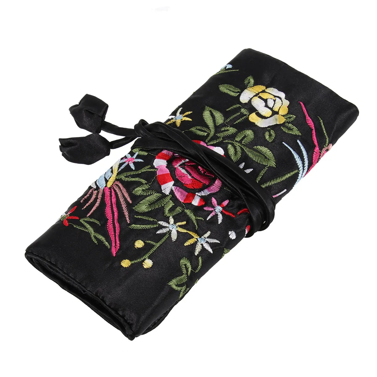 Black Handmade Embroidered Jewelry Roll Organizer Chinese Flower Brocade Large Pocket 3 Small Zipper Pouches Travel