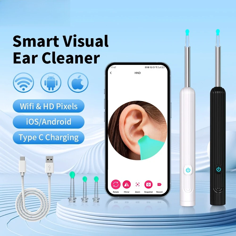

Smart Visual Ear Cleaner with Camera 1296P Ear Sticks USB C Charging Ear Wax Removal Tool WIFI Connection 6 LED Lights Earpick