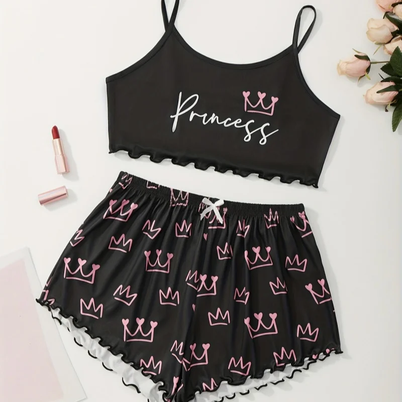 Women Summer Two Pieces Short Suspenders Pajamas Thin Cute Off-shoulder Sleeveless Lingerie  O-Neck Printing Elastic Underwear