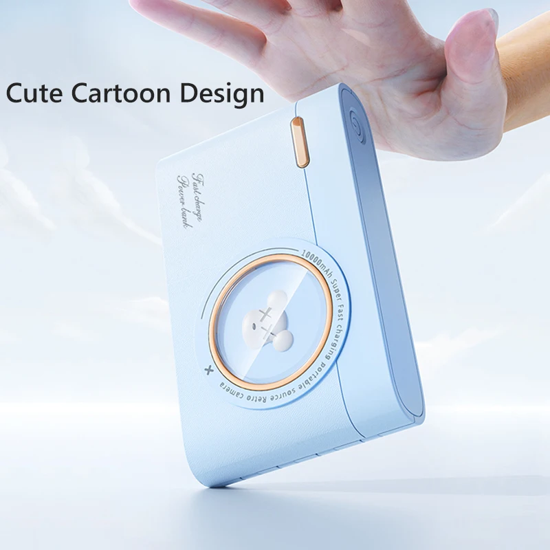 باور بانك لطيف على طراز الرسوم المتحركة بقدرة 10000 مللي أمبير في الساعة، كابلات مدمجة، شاحن محمول، بطارية خارجية لهاتف iPhone Huawei Android