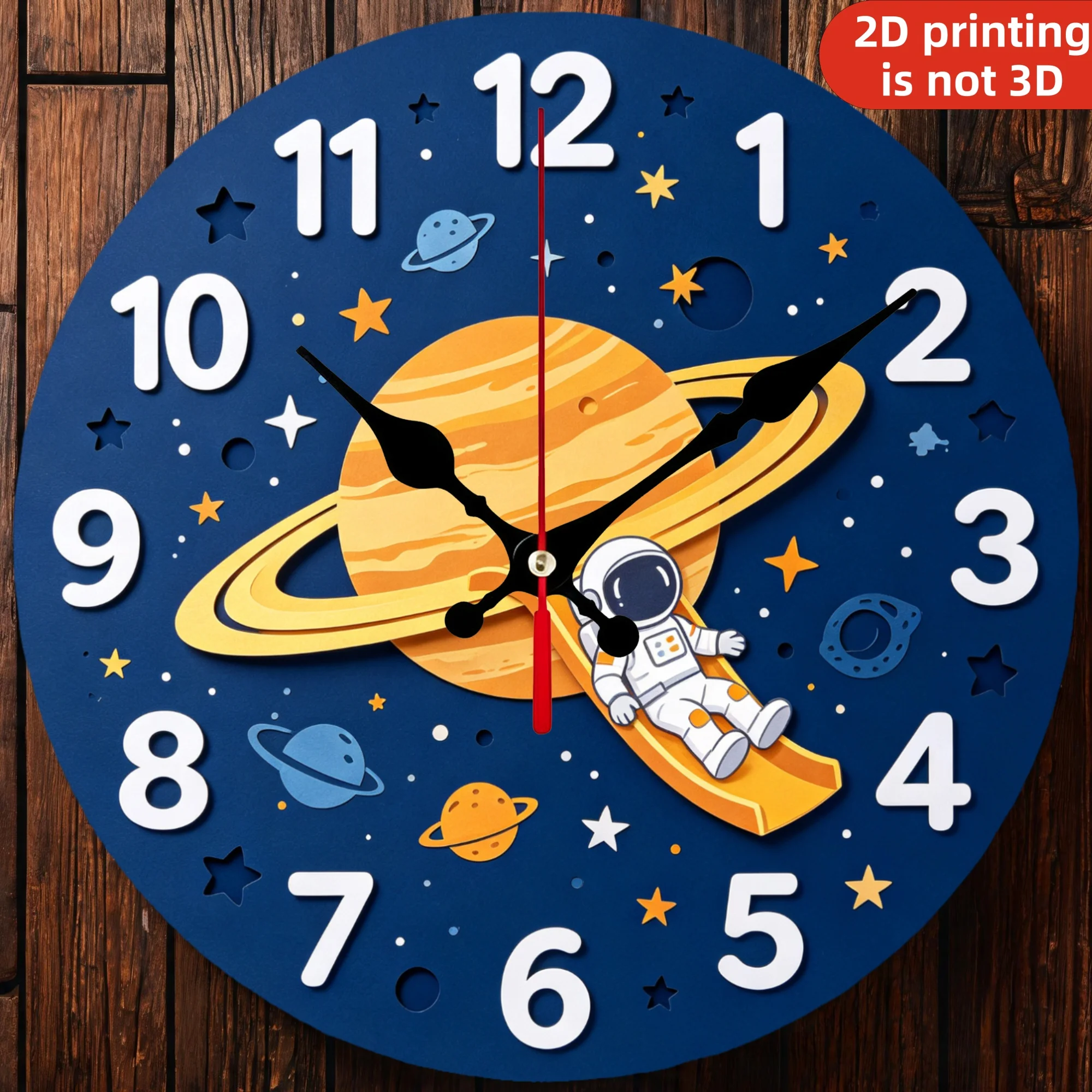 Cartoon Astronaut Saturn Slide Wooden Wall Clock, 10/12 Inch Round Wood Clock, Silent Non Ticking Quartz Movement, Solar System Space Planet Printed Home Decor
