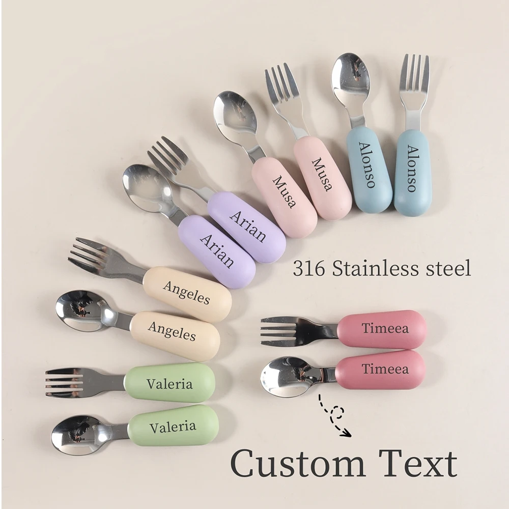 Custom Name Baby Simple Stainless Steel Spoon Fork Set | First Self Feeding Utensils for Toddlers Weaning Set