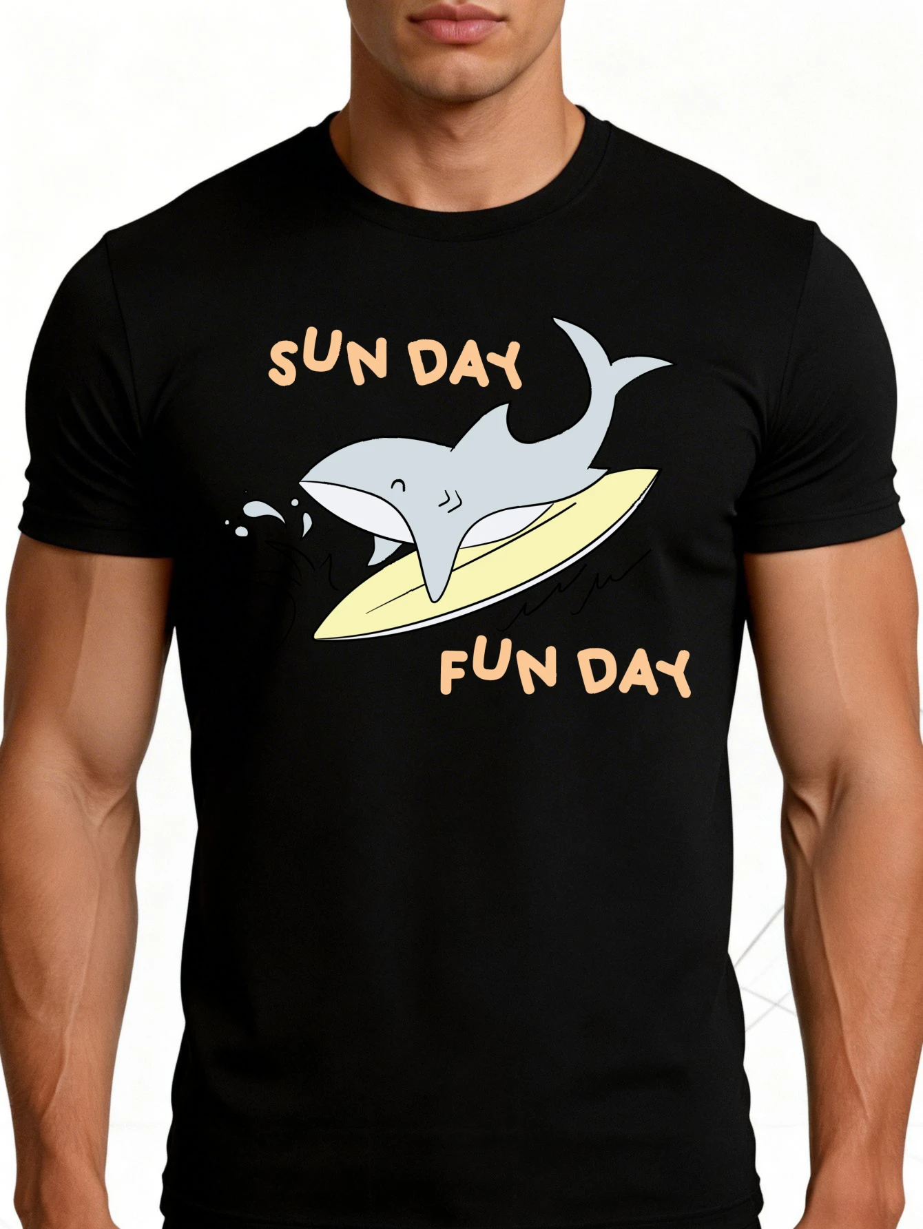Men's Graphic T-Shirt - Breathable, Soft, Lightweight - Sunshine Happy Days Shark Surfing - Retro Fun Graphic Casual Short Sleeve Summer Top, a Great Gift for Him