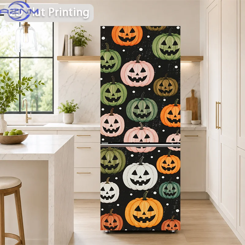 [2D Flat Printing] 1pc Fridge Magnet Sticker 60 X 180 Cm Colorful Pumpkin Halloween Pattern Themed Design Wall Sticker Self-Ad