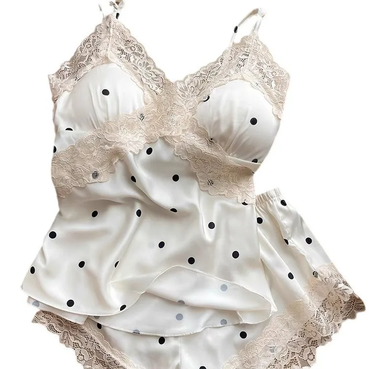 New Summer Ice Silk Pajamas Sexy Deep V With Cushion Strap Shorts Comfortable Two Piece Home Clothes