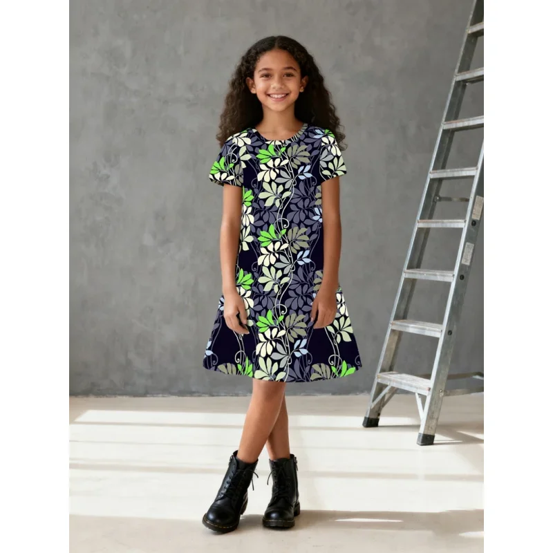 

2025 Girls' Retro Plant Element Printed - Children's Short-sleeve Dress