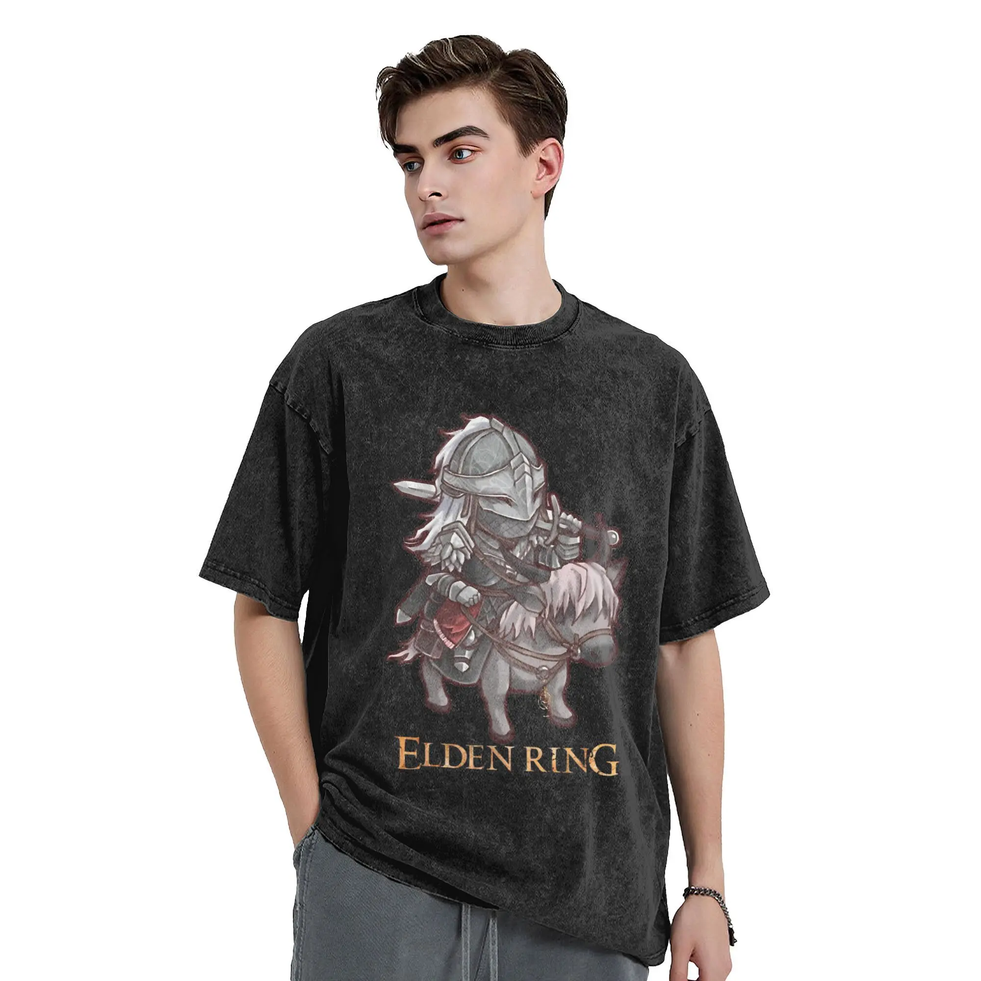 Eldened Ringed Two Horned Horse  Vintage Washed T Shirt For Men Women Cotton Tops Priting  Round Neck Short Sleeve