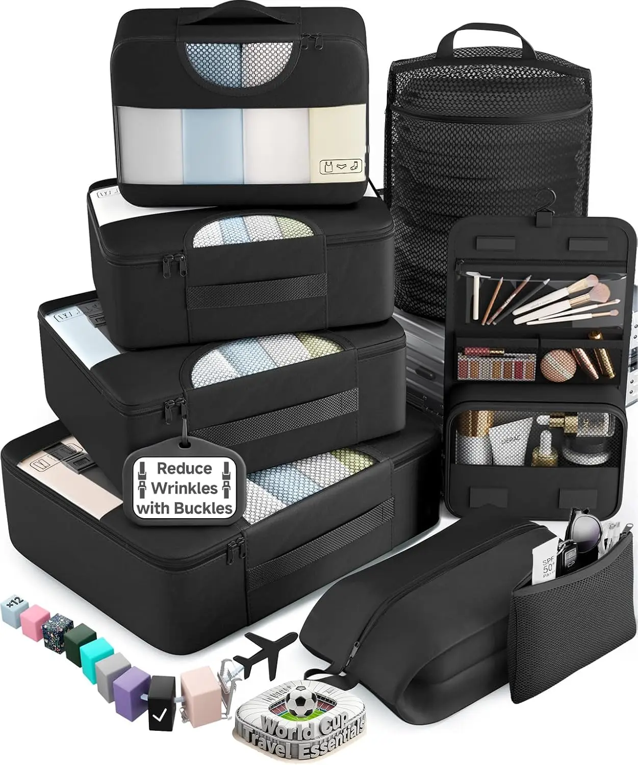 10 Set/8 Set Packing Cubes for Travel Essentials,Anti-Wrinkle Buckled Suitcase Organizer for Shoe & Toiletry Bag,Carry On Luggag