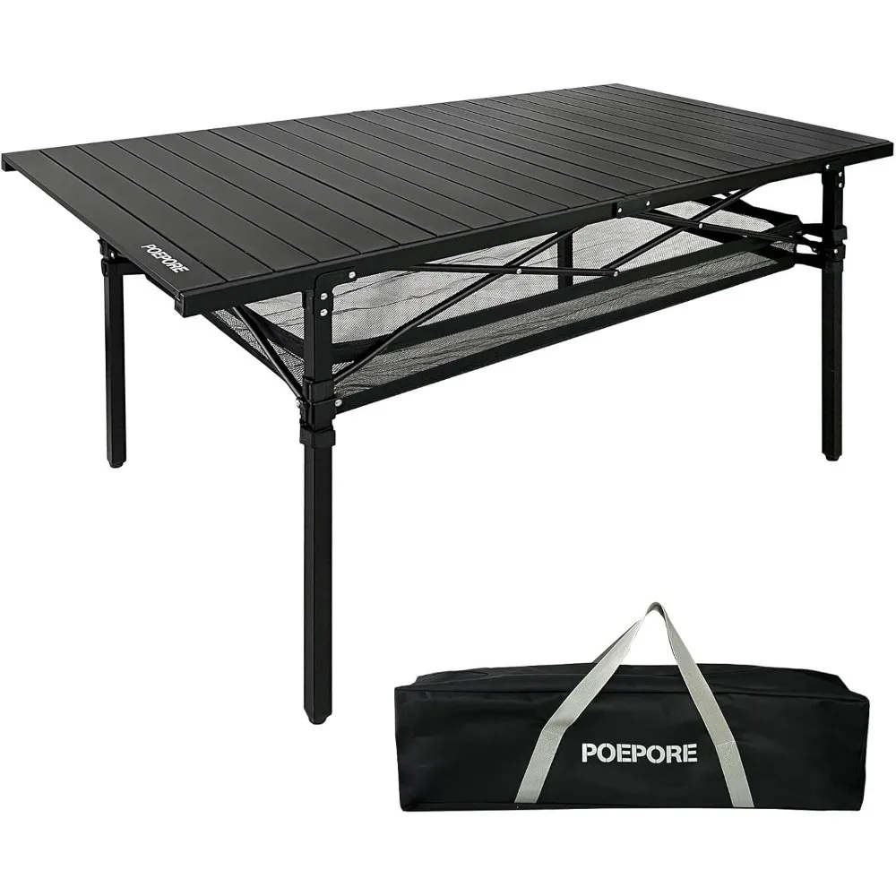 

Large Folding Camping Table Aluminum with Storage for 4-6 People 55"X27.5" Roll Up Tall Outdoor Portable Table Lightweight with