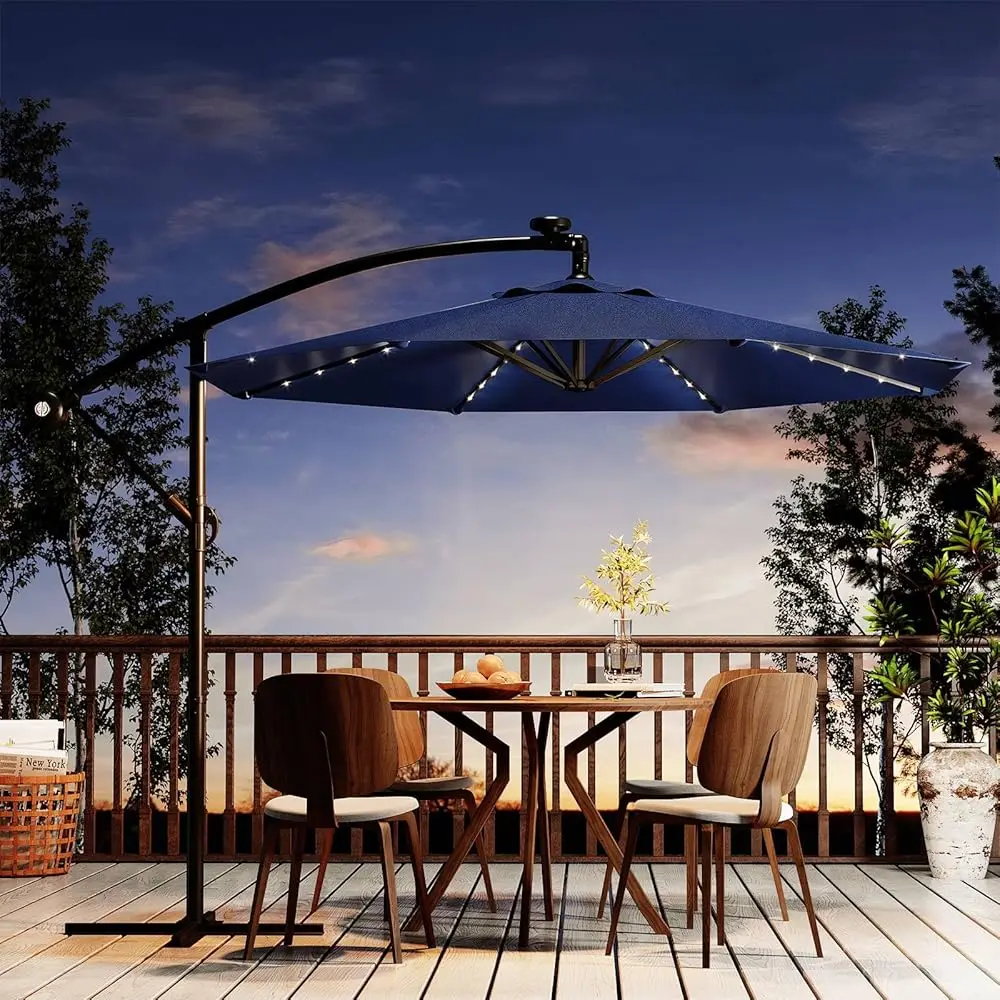 

10Ft Solar Lights Offset Patio Umbrella, Cantilever Umbrella With Easy Lift & Tilt Adjustment, 8 Ribs Sun Umbrella Uv