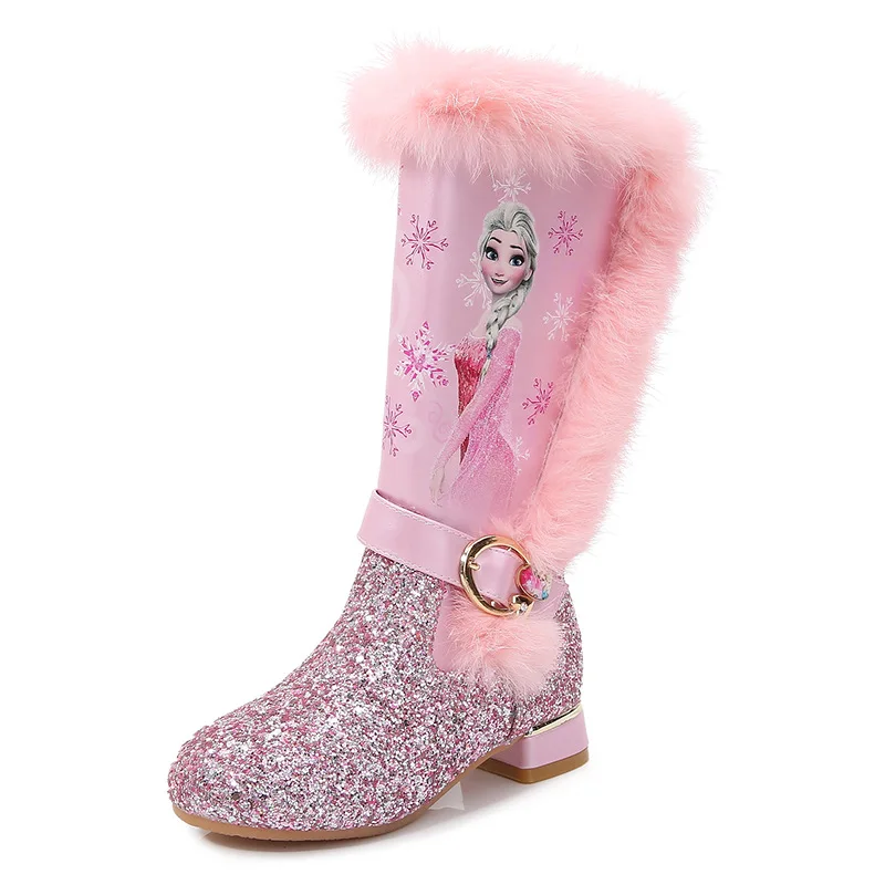 Fashion Pink Girl Shoes Designer Long Boots Disney Children Kids Warm Velvet Boots Shoes Princess Elsa High Heel Boot 26-37