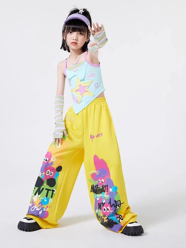 Ropa bonita de Hip Hop para chico, camiseta sin mangas corta con tirantes azules, pantalones deportivos anchos informales con estampado amarillo para niña, traje de baile de Jazz, ropa