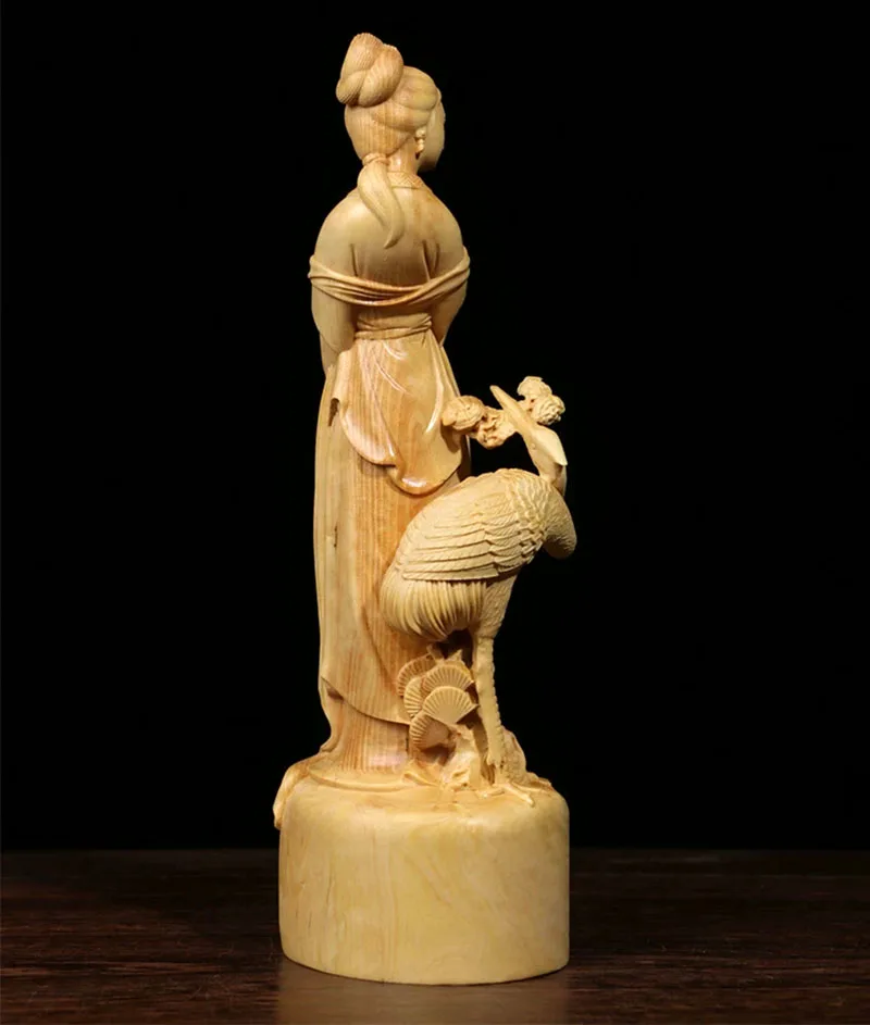 BY278 - 18 X 6 x 5 CM Boxwood Carved Figurine - Fairy Beautiful and Crane Bird