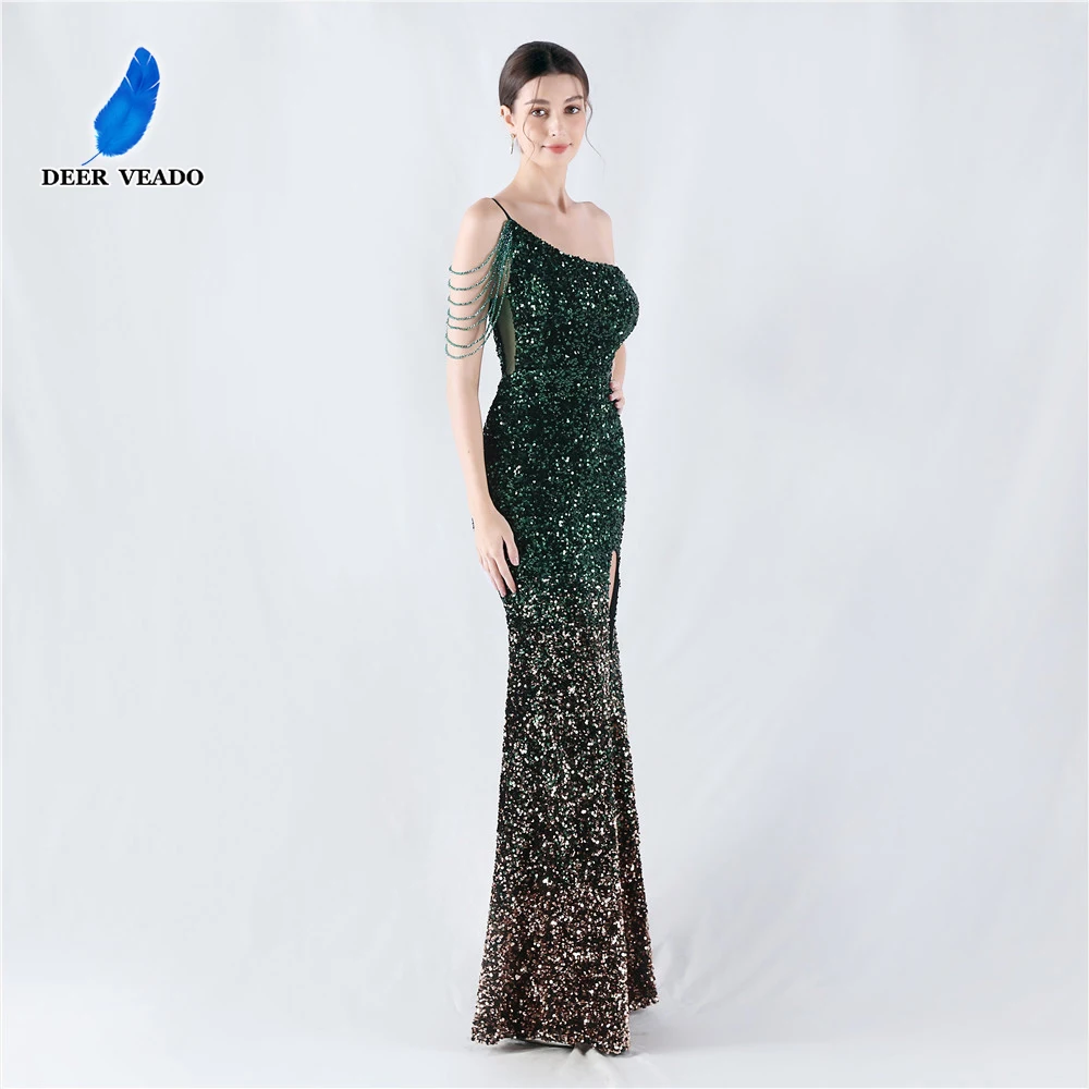

DEERVEADO Mermaid Slit One Shoulder Sequins Evening Dresses Woman Elegant Beading Prom Party Maxi Dress Formal Occasion Gowns