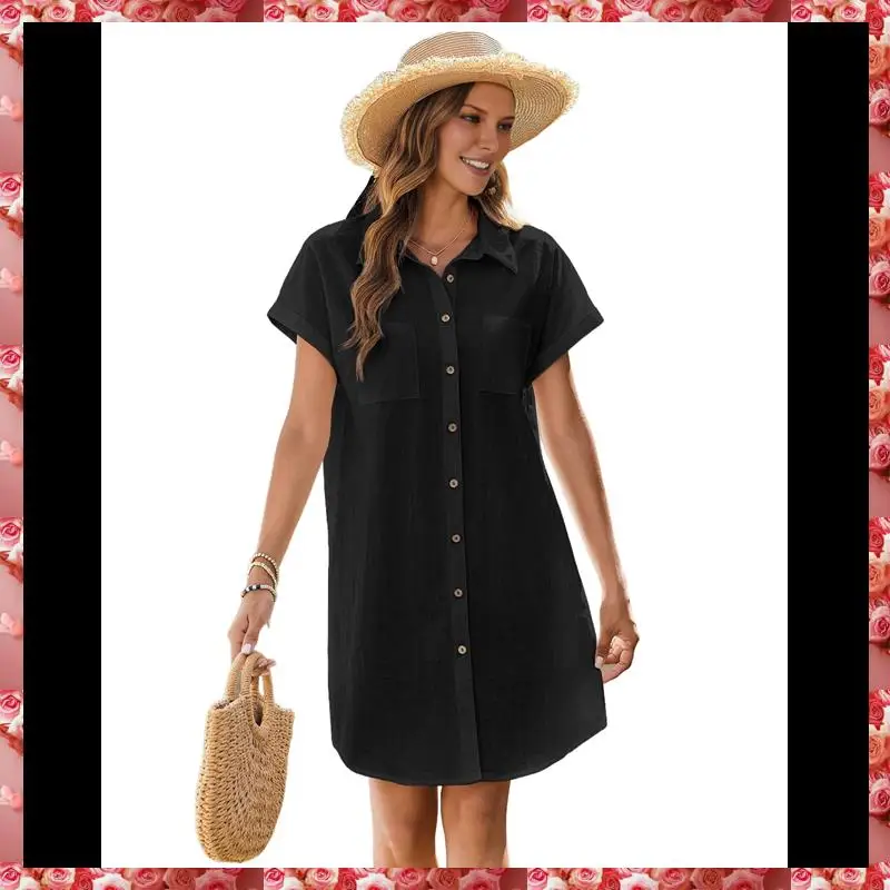 Vestido camisero de cintura suelta de manga corta informal con botones y cuello en V de algodón y lino de verano para mujer
