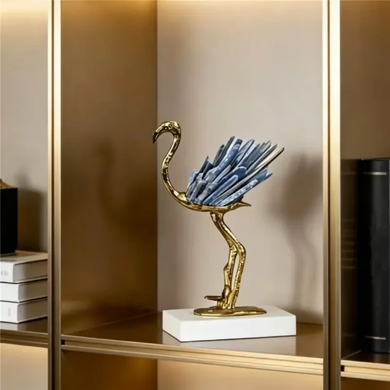Luxury Gold Flamingo Statue on White Marble Base with Blue Agate Slice Elegant Home Decor for Living Room Desktop Ornament