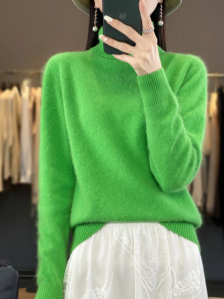 

New Solid Color 100% Pure Mink Fur Sweater For Women In Autumn And Winter High Lapel And Large Size Casual Knitted Sweater DBE18