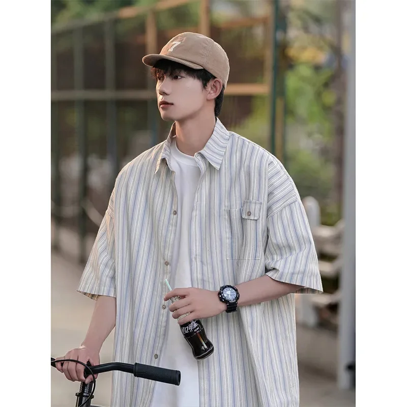 EBAIHUI Japanese Striped Men's Shirt Summer Loose Teenage Male Short Sleeved Blouse Korean Edition Polo Neck Handsome Blusas