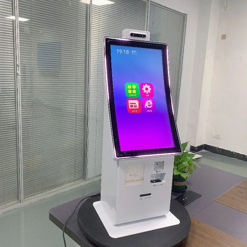 Self Service Ordering Kiosk Touch Screen 1920x1080 Resolution Arc-shaped Design Desk-Mount POS Payment Machine