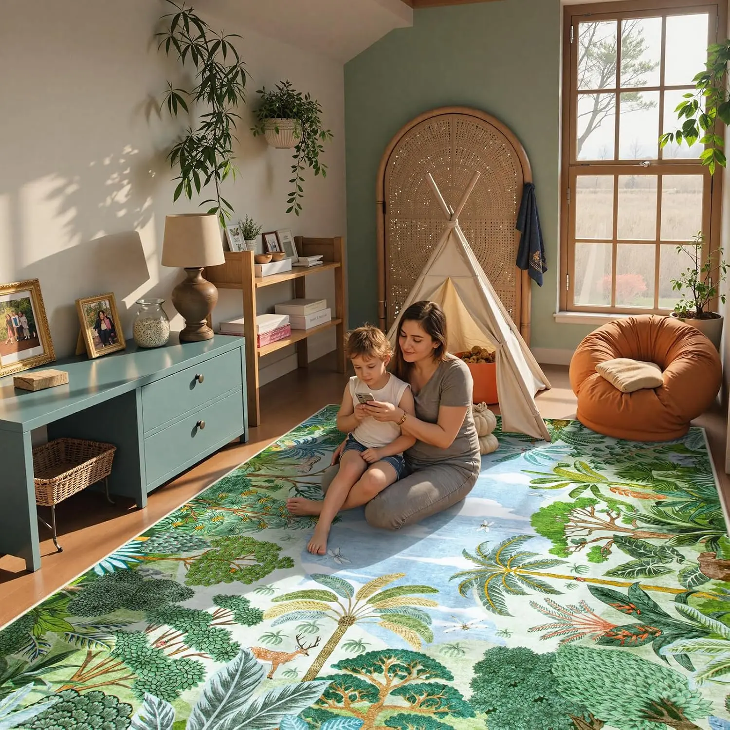 1pc 2D Flat Tropical Jungle Scenery Printed Floor Mat, Decorative Rug for Living Room, Bedroom, Office, Home Decor