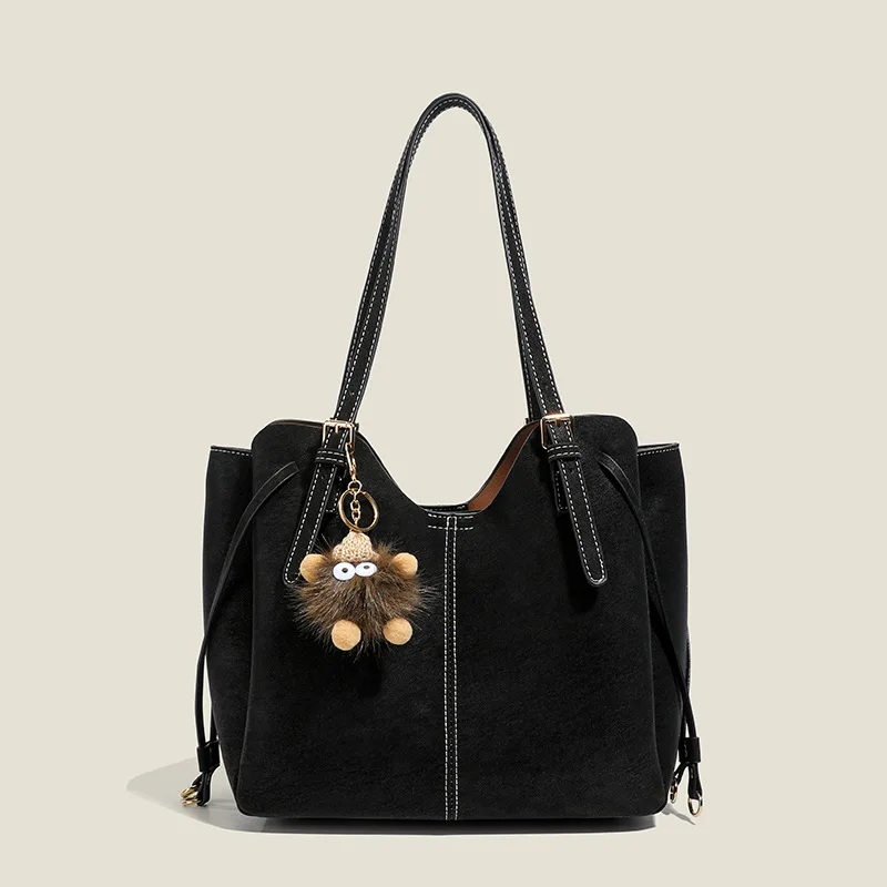 Women Vintage Faux Suede Tote Bag With Cute Monster Pendant Large Capacity Shoulder Handbag Commute Daily Shopper Purse
