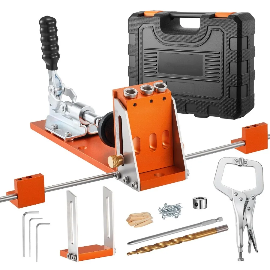 

Pocket Hole Jig Kit 1/2 to 1-1/2 in Adjustable with Metal Frame for Woodworking Includes Toolcase C-Clamp Step Drill Hex Wrench