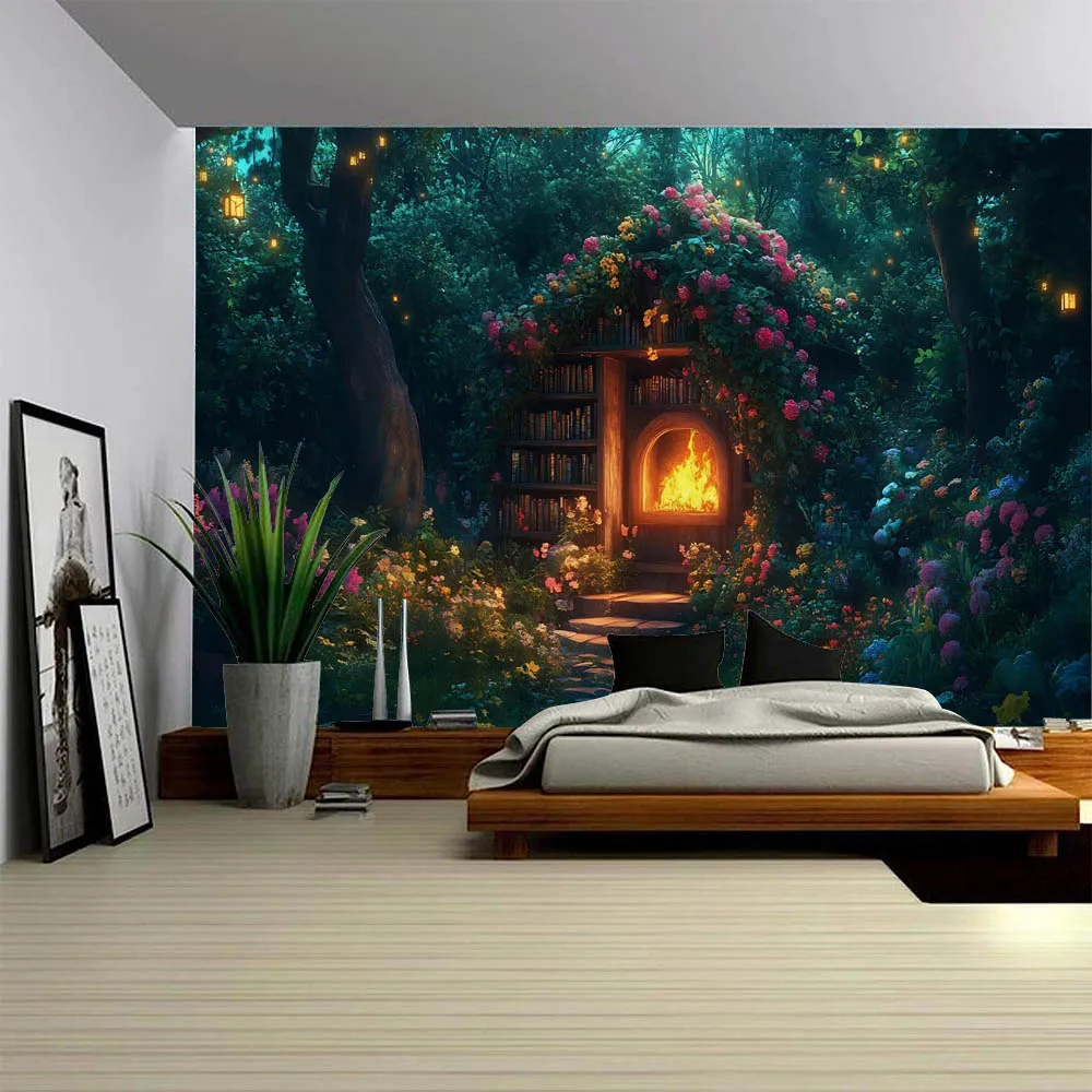 Forest wooden house tapestry wall decoration fabric mural home dormitory office snow mountain scenery Bohemian tapestry
