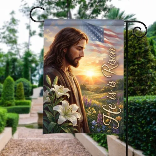 He Is Risen Flag Floral Cross Easter Garden Decor Lily Flower Religious Banner PPZ