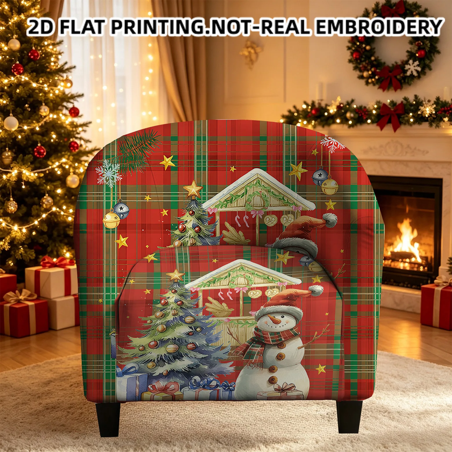 Vintage Christmas plaid seamless printed snowman gingerbread house armrest sofa cover, 2D printed elastic single club sofa cover