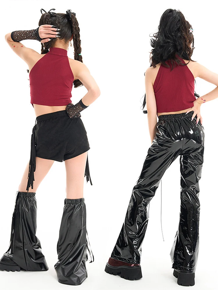 2026 Girls Kpop Clothes Red Navel Tops Fashion Shorts Pants Jazz Dance Performance Costume Y2K Hip Hop Dance Outfits BL19150
