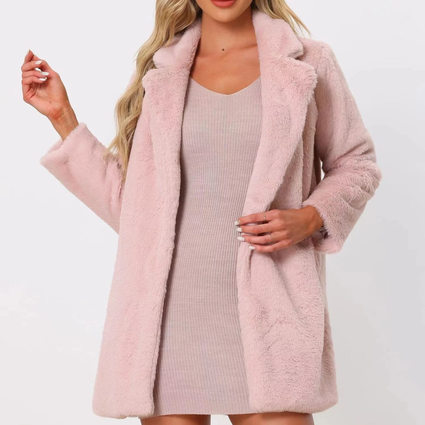 Women Faux Fur Mid Length Coats Jackets Turn Down Collar Coat Thick Warm Y2k Streetwear Jacket Elegant Casual Autumn Winter