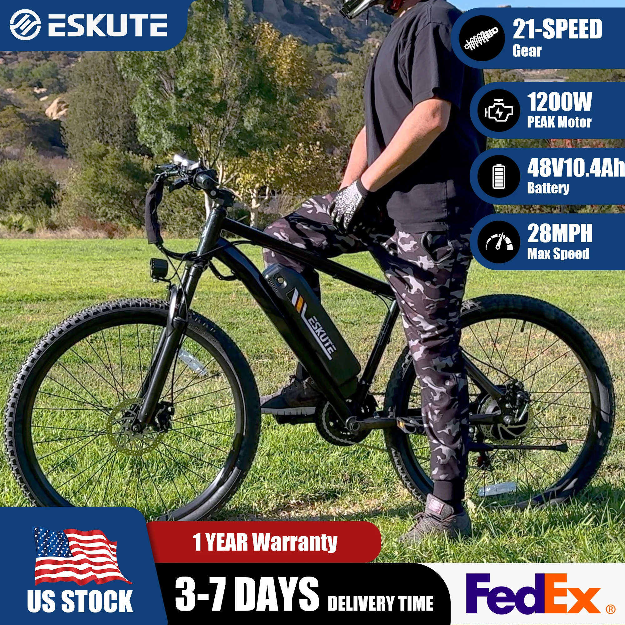 ESKUTE Electric Bicycle for Adults – 21-Speed Gear 27.5' Mountain Electric Bike, 20MPH+, 48V 10.4Ah Battery E-Bike