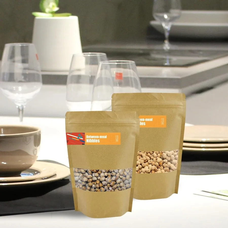 30 Pcs Kraft Paper Bags With Window 3.5 x 5.5 Ihes Sealable Treat Pouches Food Storage Stand Up Zip Lock for Scks Coffee Spices