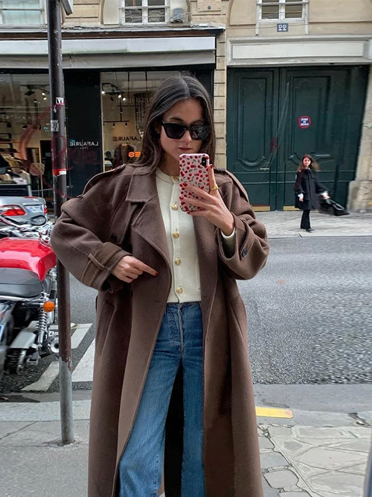 

Chic Belts Double Breasted Long Coat Women Turn-down Collar Casual Pocket Chic Elegant Outwear 2025 Winter Street Lady Jacket