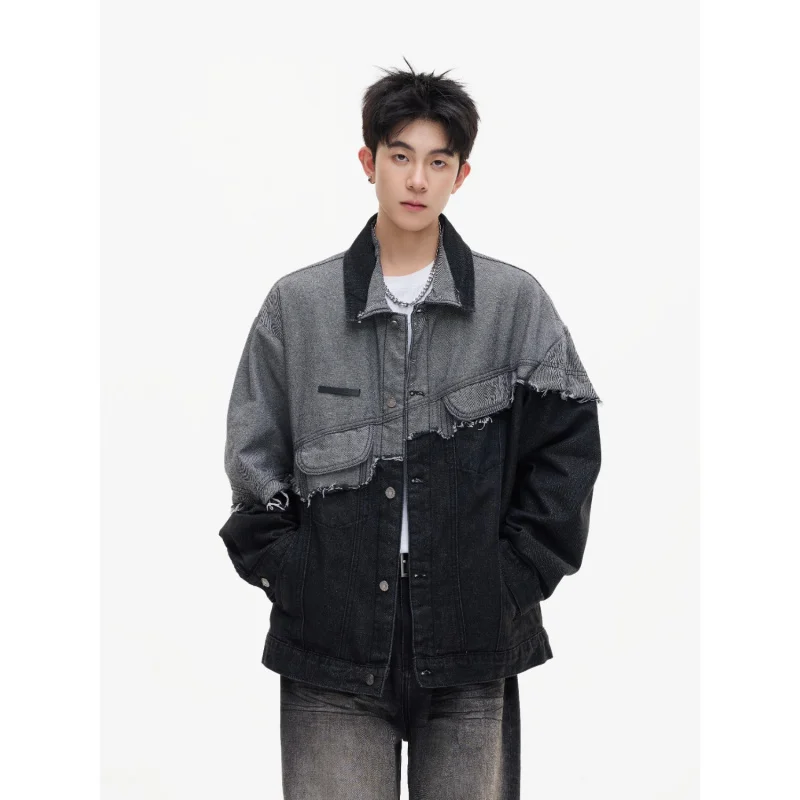 GIOIO 남성 데님 재킷, 2025 봄 가을 신상 패치워크 워싱 빈티지 루즈 캐주얼 남성 데님 재킷