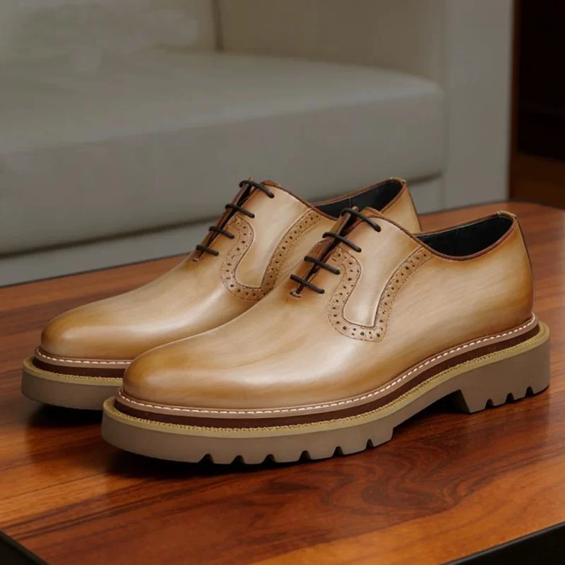 

Luxury High-end One-piece Oxford Shoes With Cowhide Lining Anti-slip Height-increasing Yellow-brown Leather Formal Shoes Man