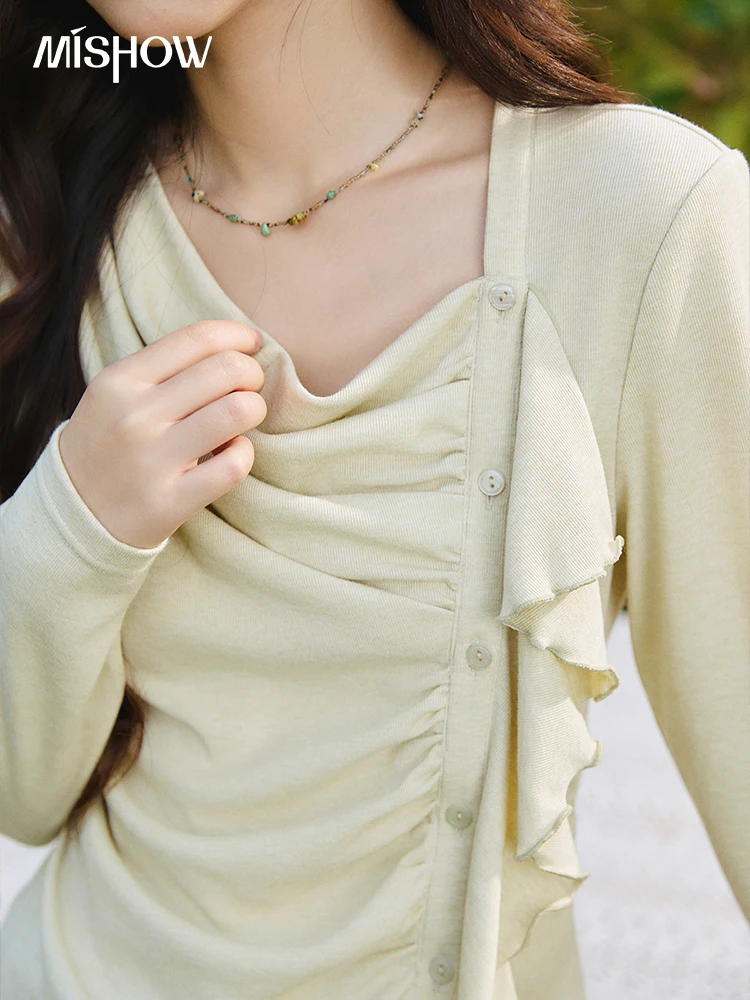 MISHOW Women's Draped Neck Long Sleeve Tees Spring Ruffle Trim Asymmetric Button Top Slim Light Green Knitted Top MXF13Z2999