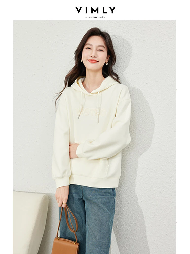 Vimly Simple Cotton Pullover Hoodies 2024 Spring Letter Embroidery Hooded Sweatshirts Casual Women's Drop Sleeve Tops M5711