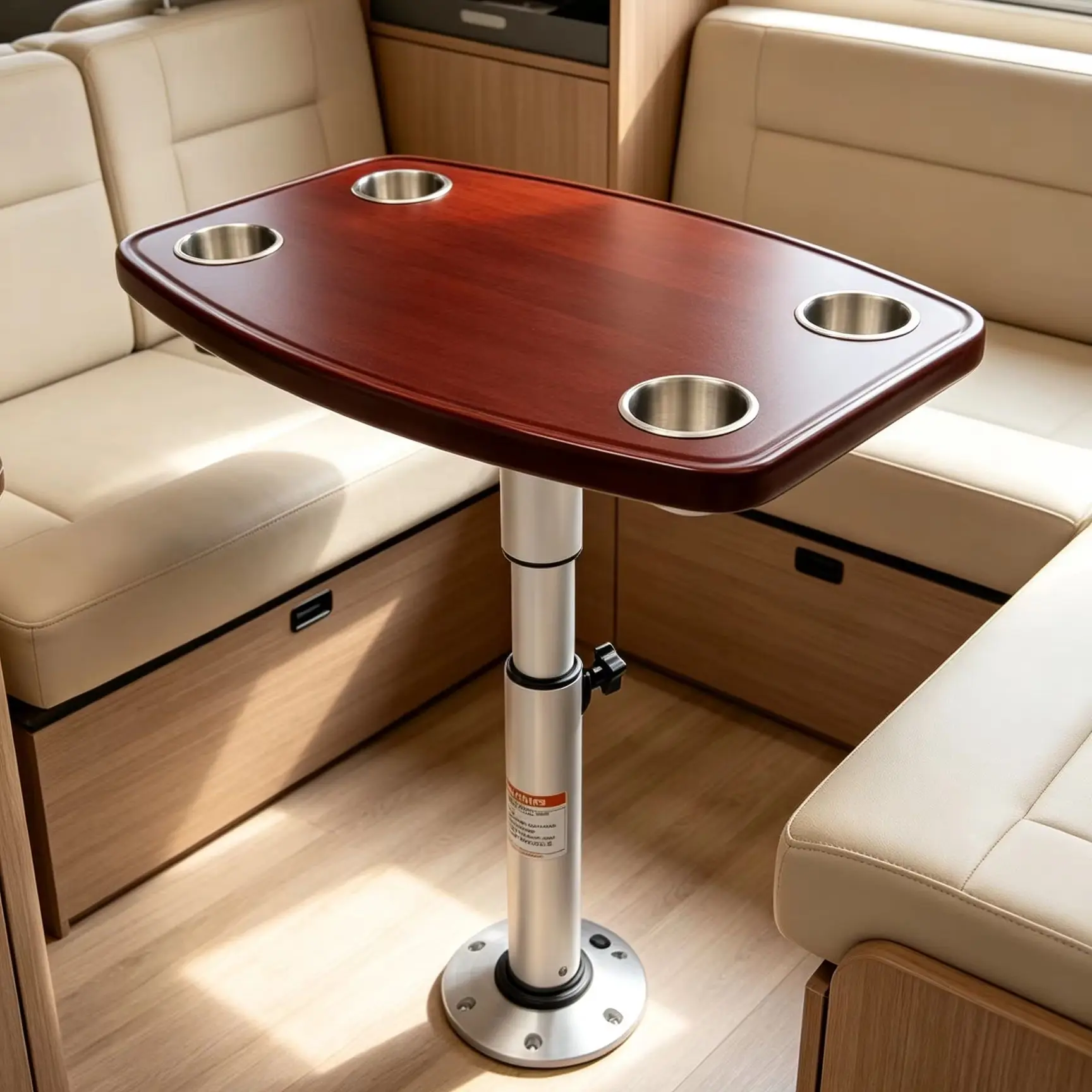 Height Adjustable RV Table with 4 Cup Holders 55.5‑70.5cm Wooden Top Aluminum Leg Pedestal Table for Camper Van Caravan Boat