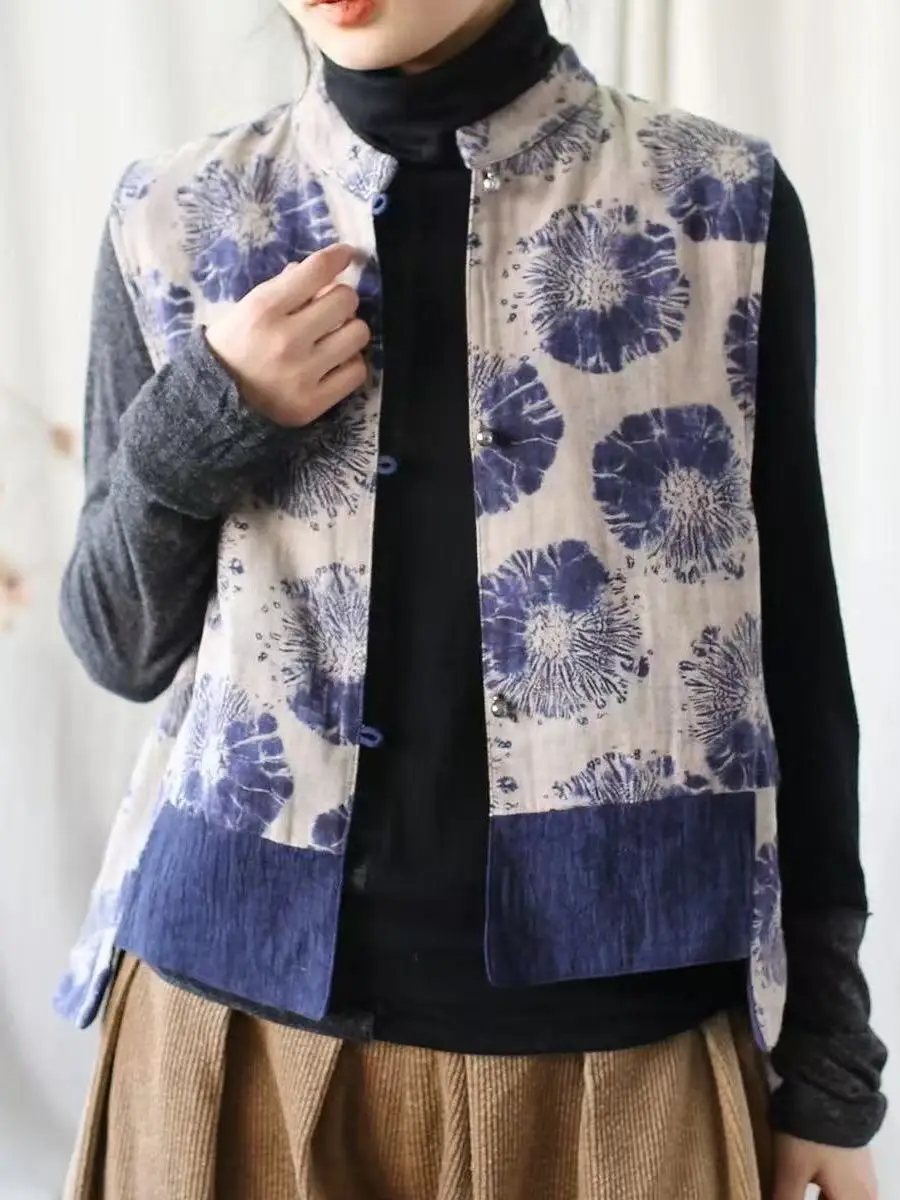 

Двухслойный хлопковый жилет с принтом в стиле ретро, верхняя одежда, свободный крой, весна-осень, новый женский топ в китайском стиле, одежда для чайной церемонии в стиле дзен