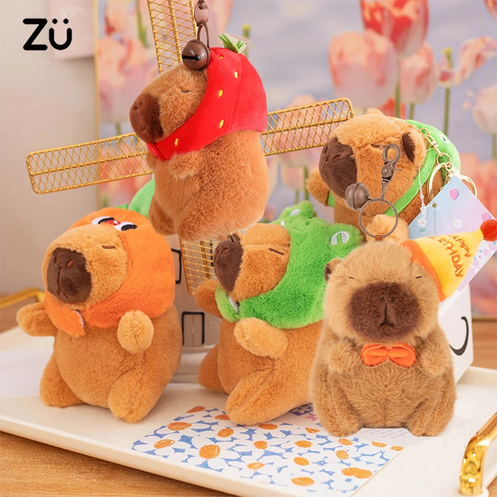 12cm Kawaii Plushies Keychain Mini Cute Capybara Plush Toy Stawberry Frog Birthday Hat Capybara Stuffed Animal Gift For Girl