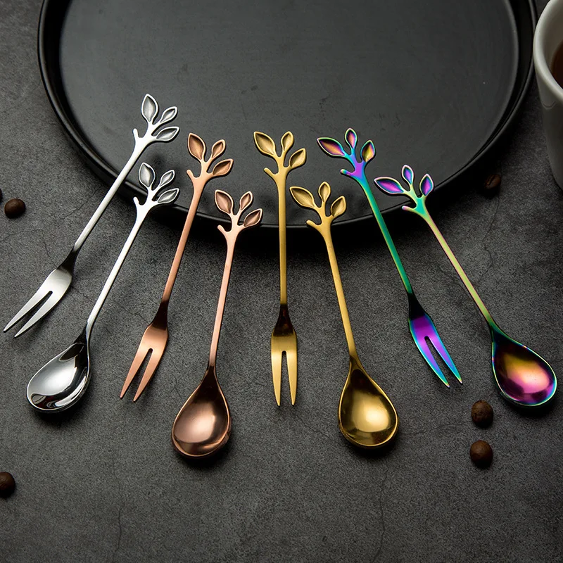

Fruit Fork Spoon Stainless Steel Ice Cream Salad Dessert Tableware Cake Snack Salad Fork Coffee Spoon Colorful Bento Accessories