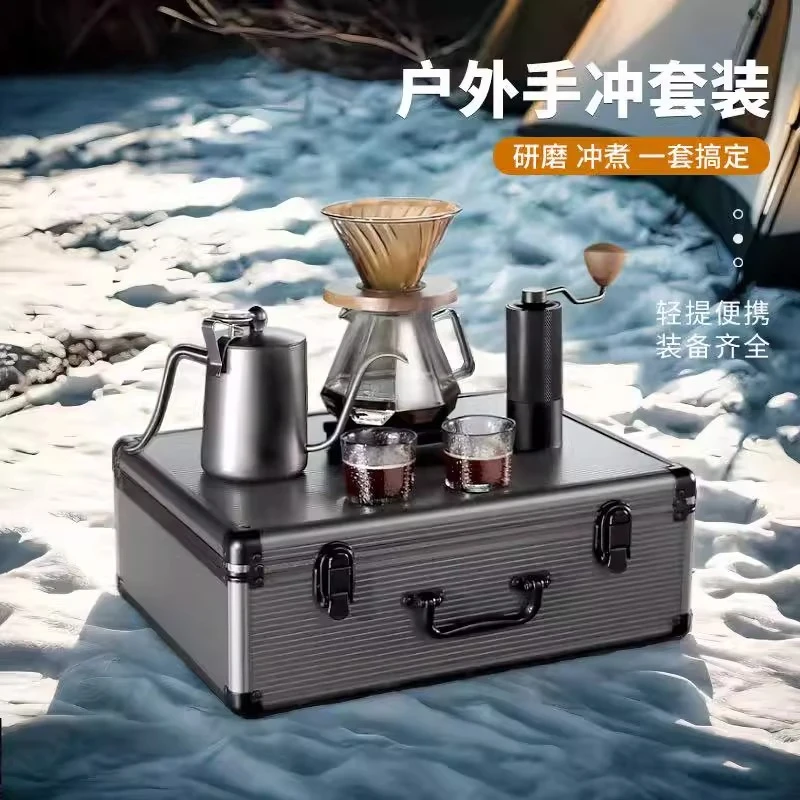 Stainless steel hand-brewed coffee pot gift box set, outdoor suitcase, high-end long-mouth and thin-mouth pot, bean grinder gift