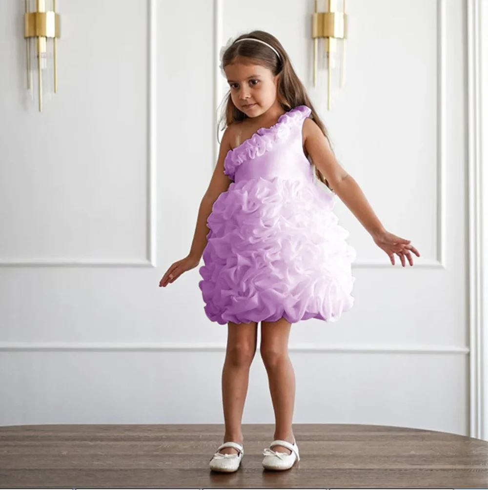 Pleat One Shoulder Sleeveless A Line Short Formal Wedding Party Flower Girl Dress Mini Length Elegant First Communion Gown New