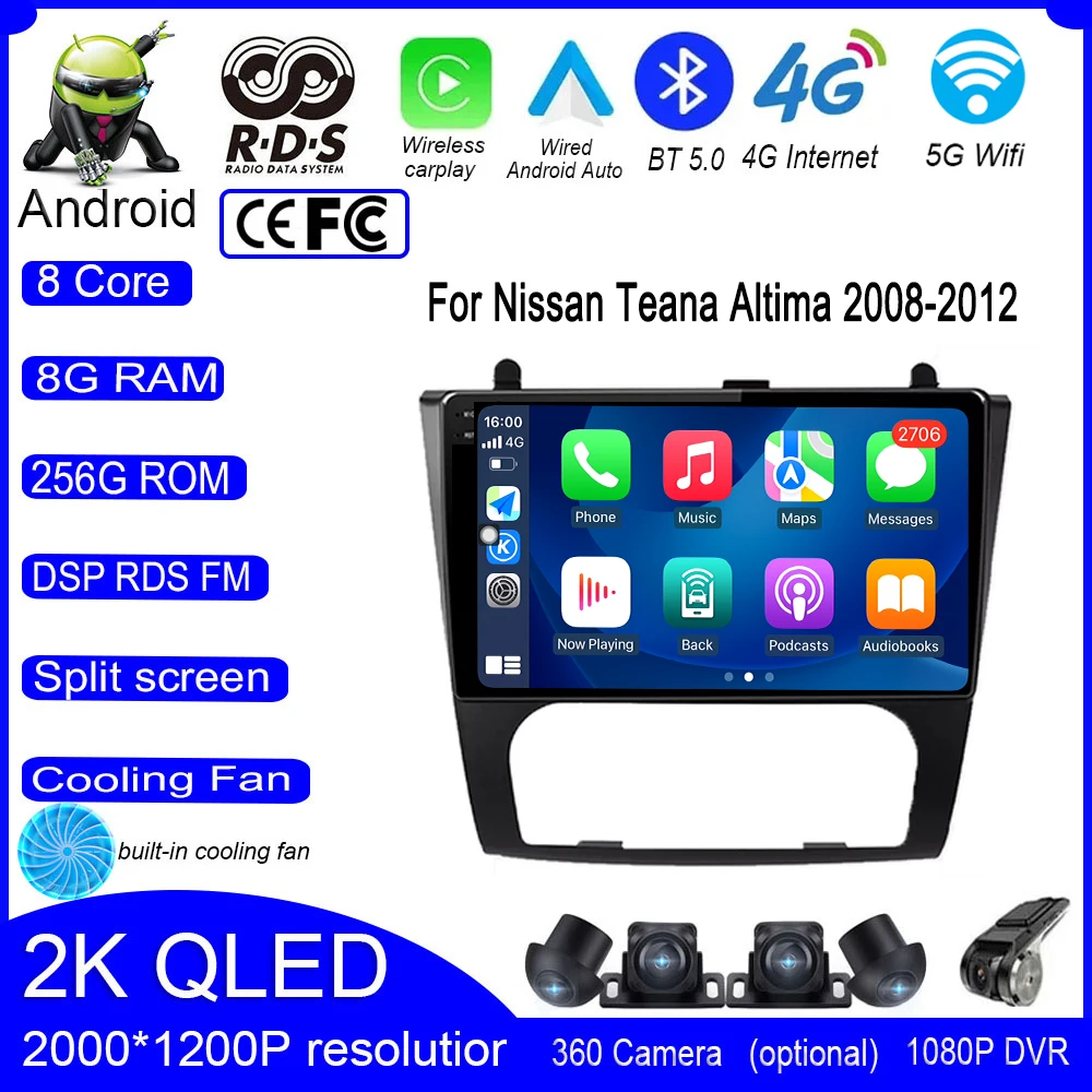 

For Nissan Teana Altima 2008 - 2012 IPS QLED Android 14 Wifi+4G Car Radio GPS Auto Multimedia Video Navigation Player